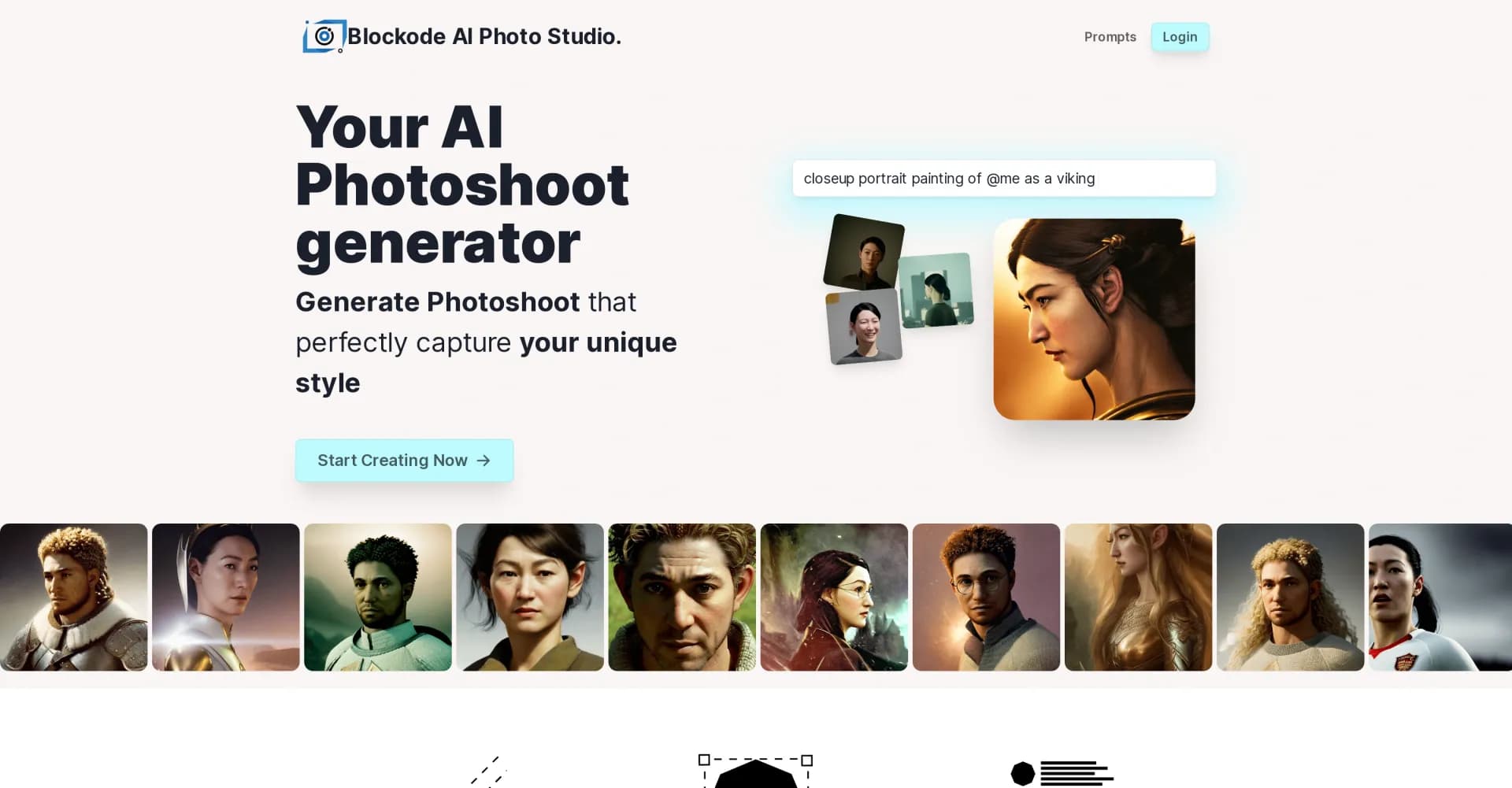 Blockode homepage screenshot — Generate AI photoshoots that capture your style.
