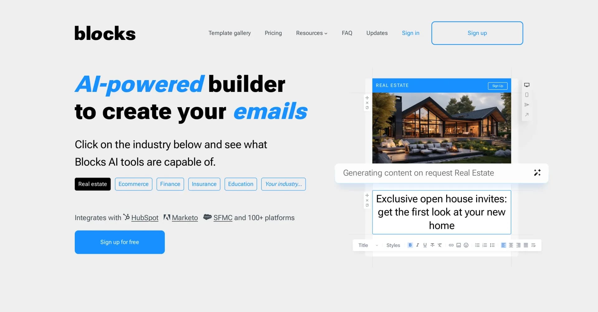 Blocks homepage screenshot — AI-powered no-code email builder for everyone