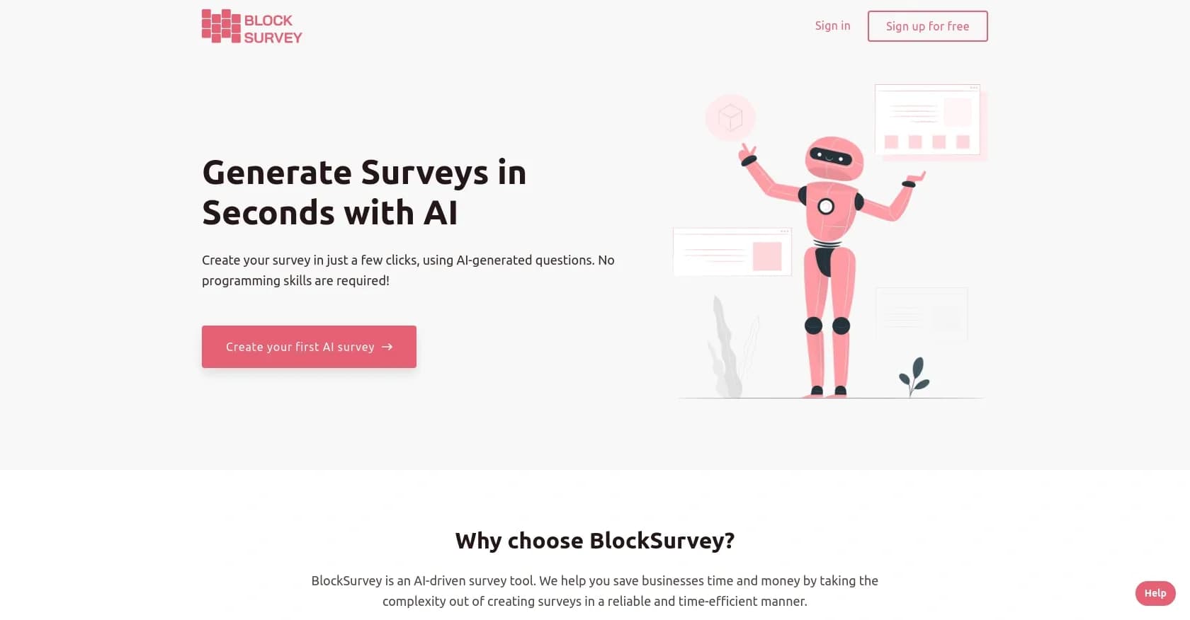 Blocksurvey homepage screenshot — Generate survey questions in seconds with AI.