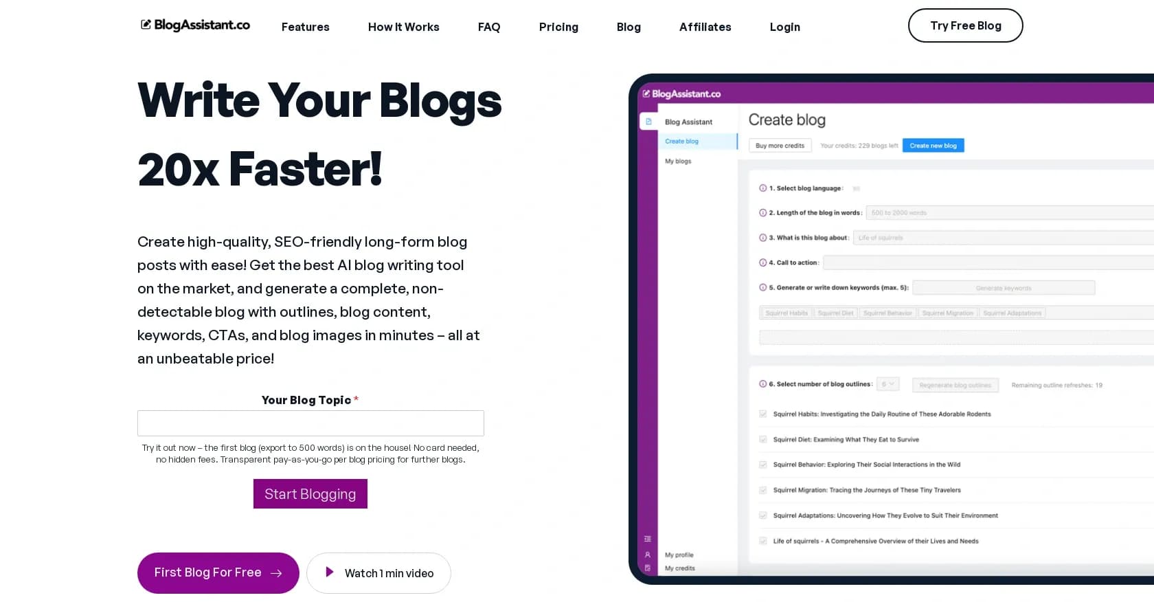 Blog Assistant homepage screenshot — Write SEO-friendly blogs 20x faster with AI.