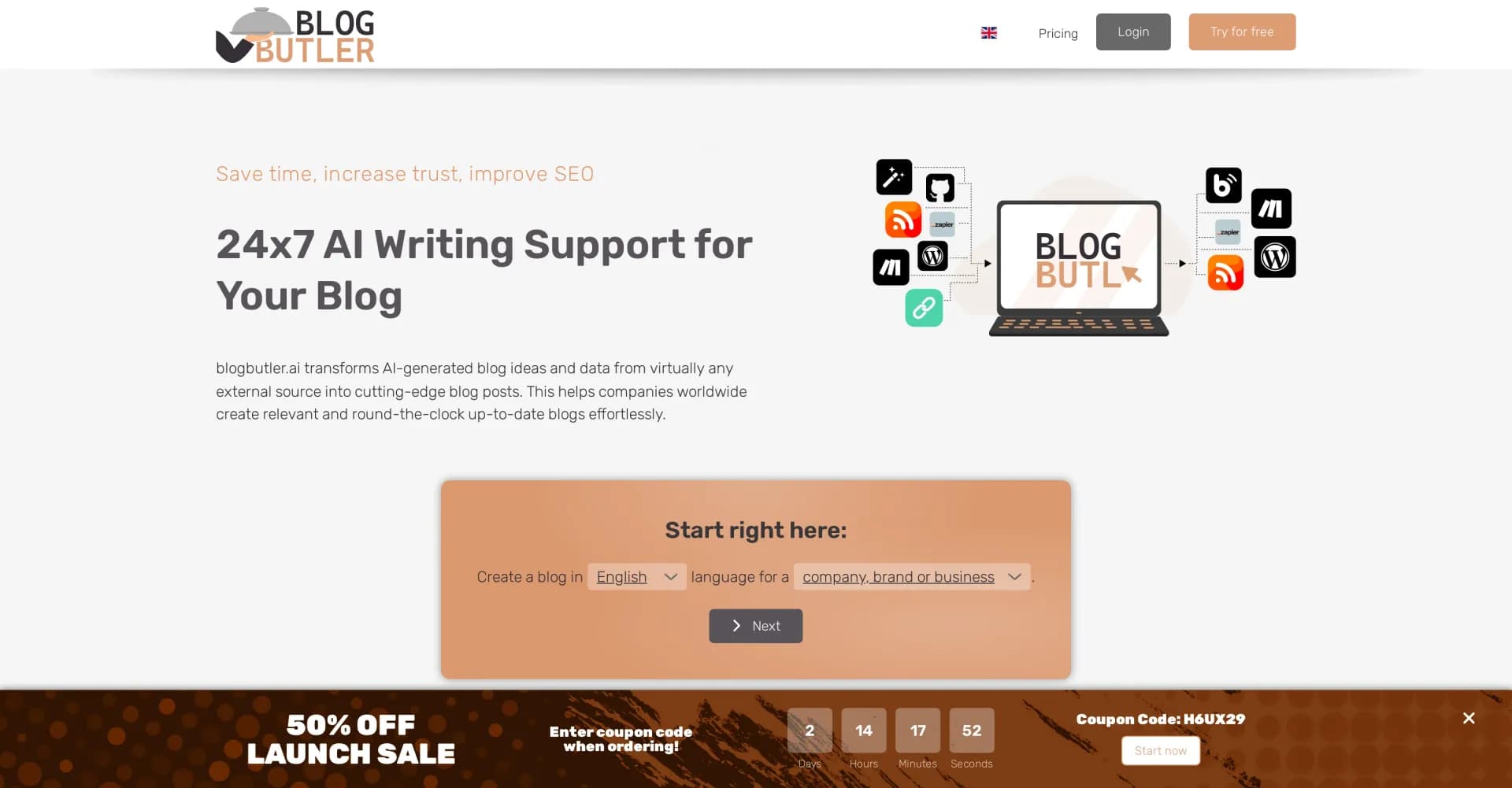 BlogButler homepage screenshot — Automate blog writing with AI-powered content generation.