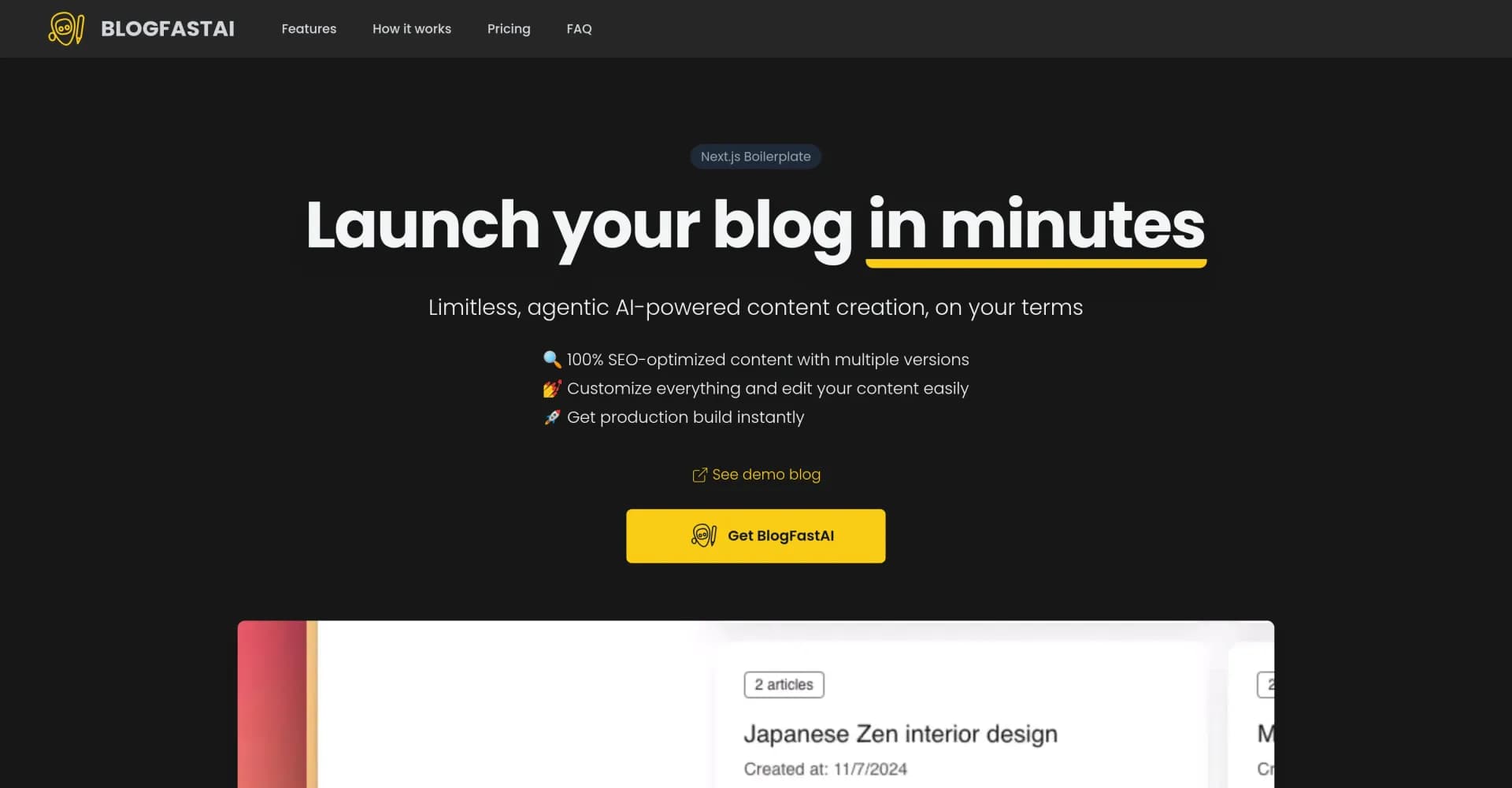 BlogFastAI homepage screenshot — AI-powered blog automation for limitless content creation