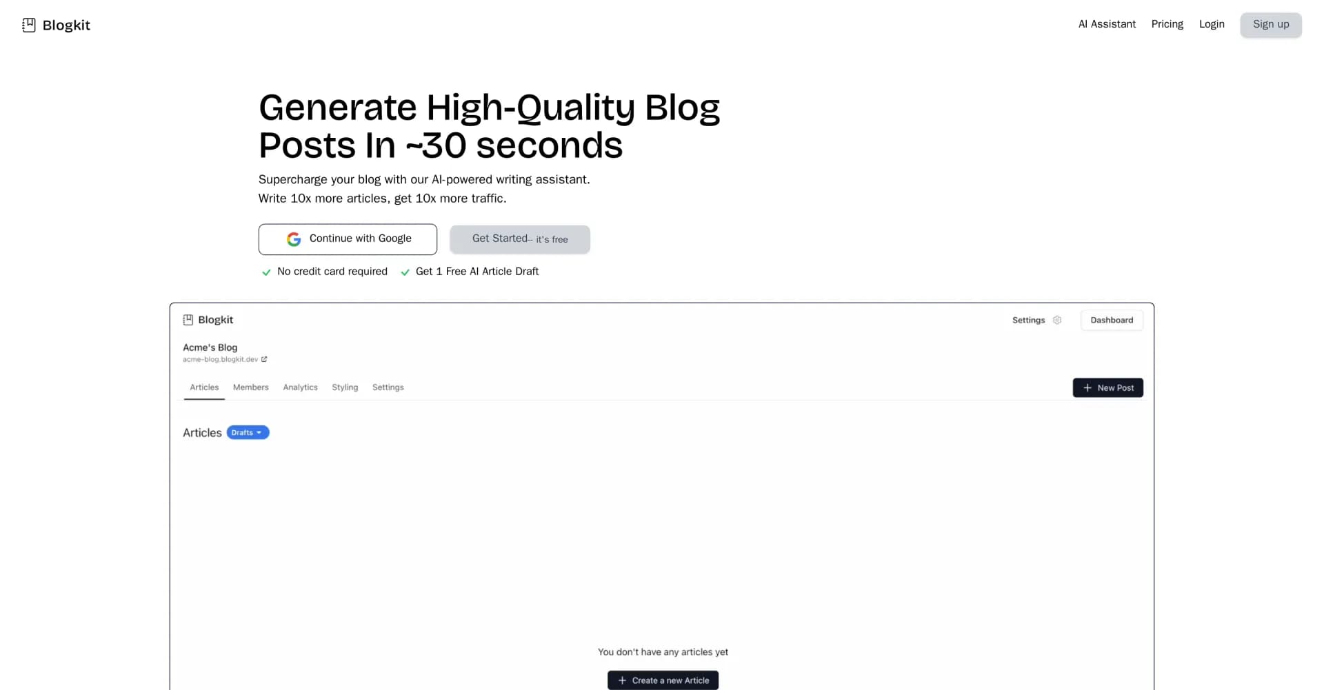 Blogkit homepage screenshot — Enhanced blogging platform with writing assistance.