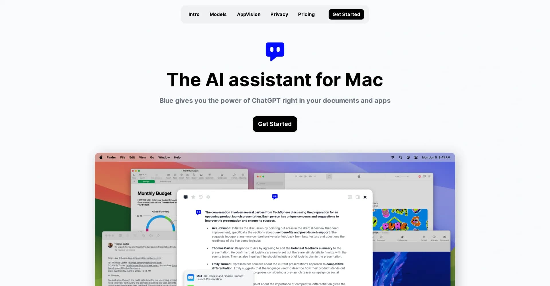 Blue - ChatGPT for Mac homepage screenshot — ChatGPT's power, right in your Mac apps.