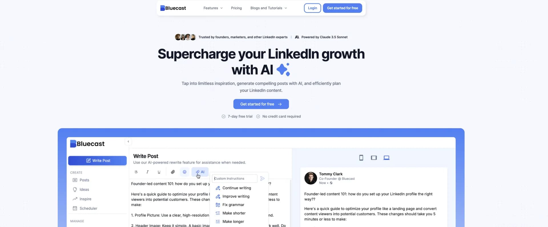 Bluecast homepage screenshot — Grow your personal brand on LinkedIn with AI