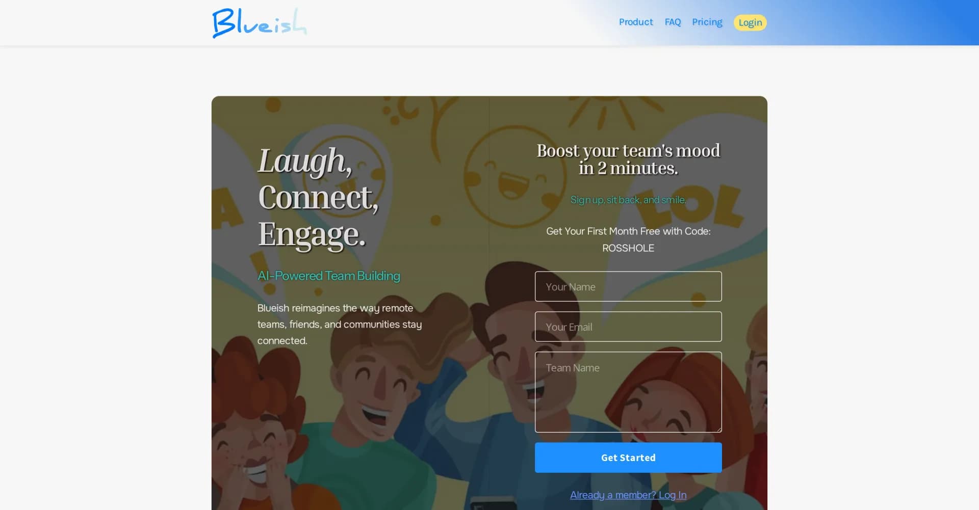 Blueish homepage screenshot — AI-powered humor for team building and engagement.