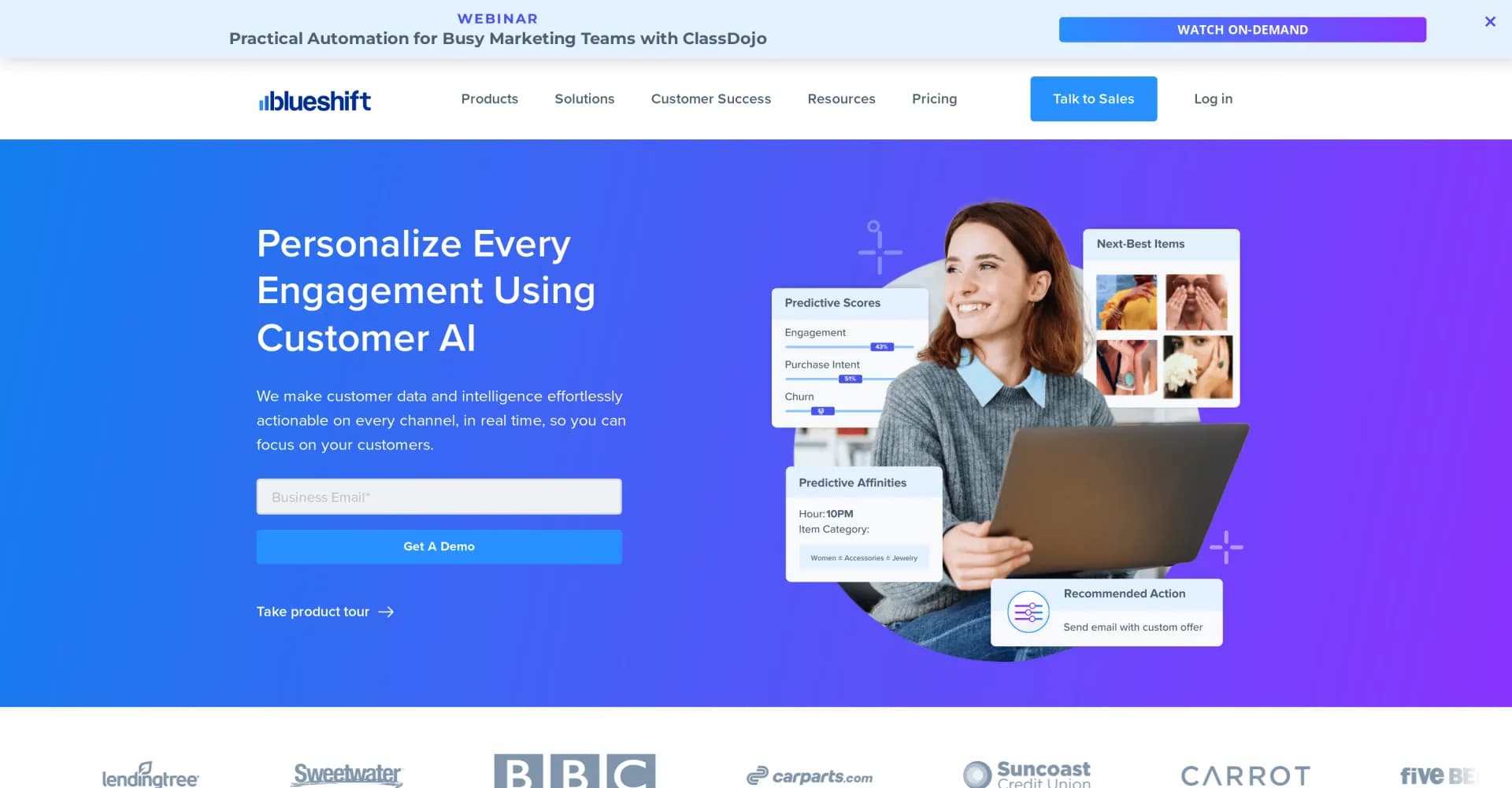 Blueshift homepage screenshot — AI-powered customer engagement across channels