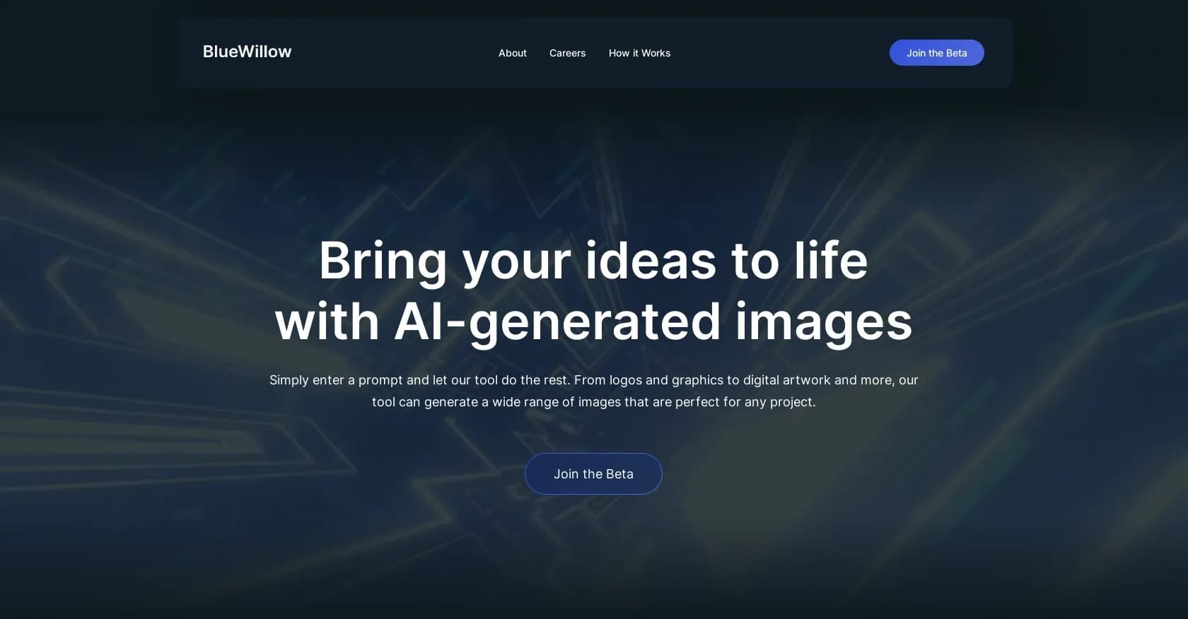 BlueWillow homepage screenshot — Transform ideas into AI-generated images instantly
