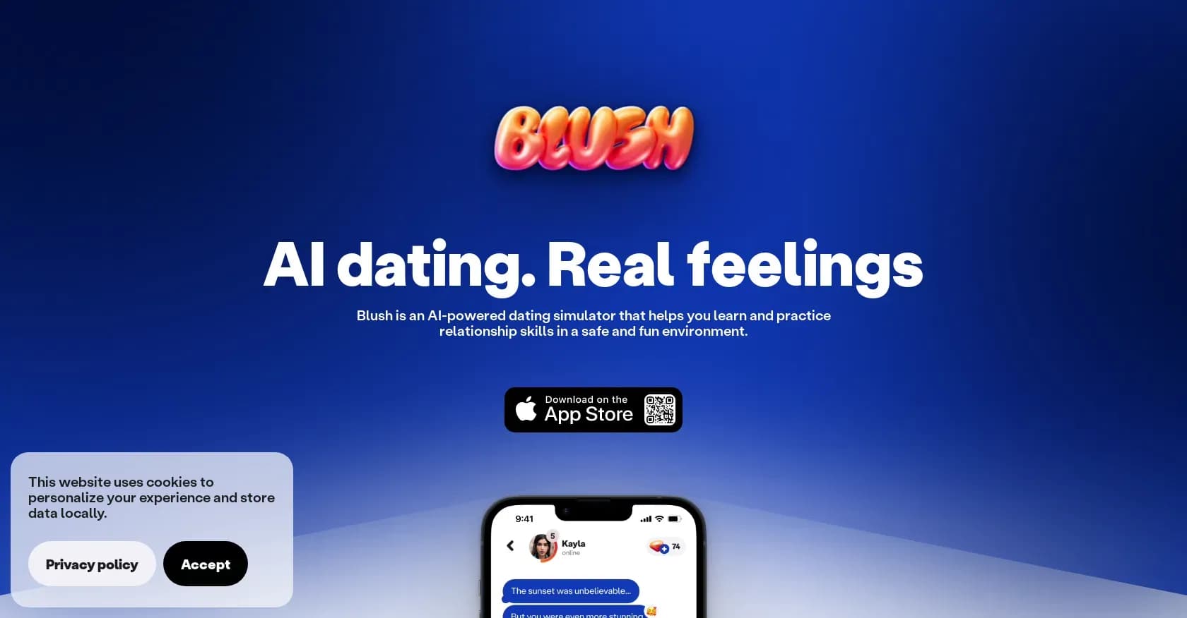 Blush homepage screenshot — AI dating simulator for real-world skills