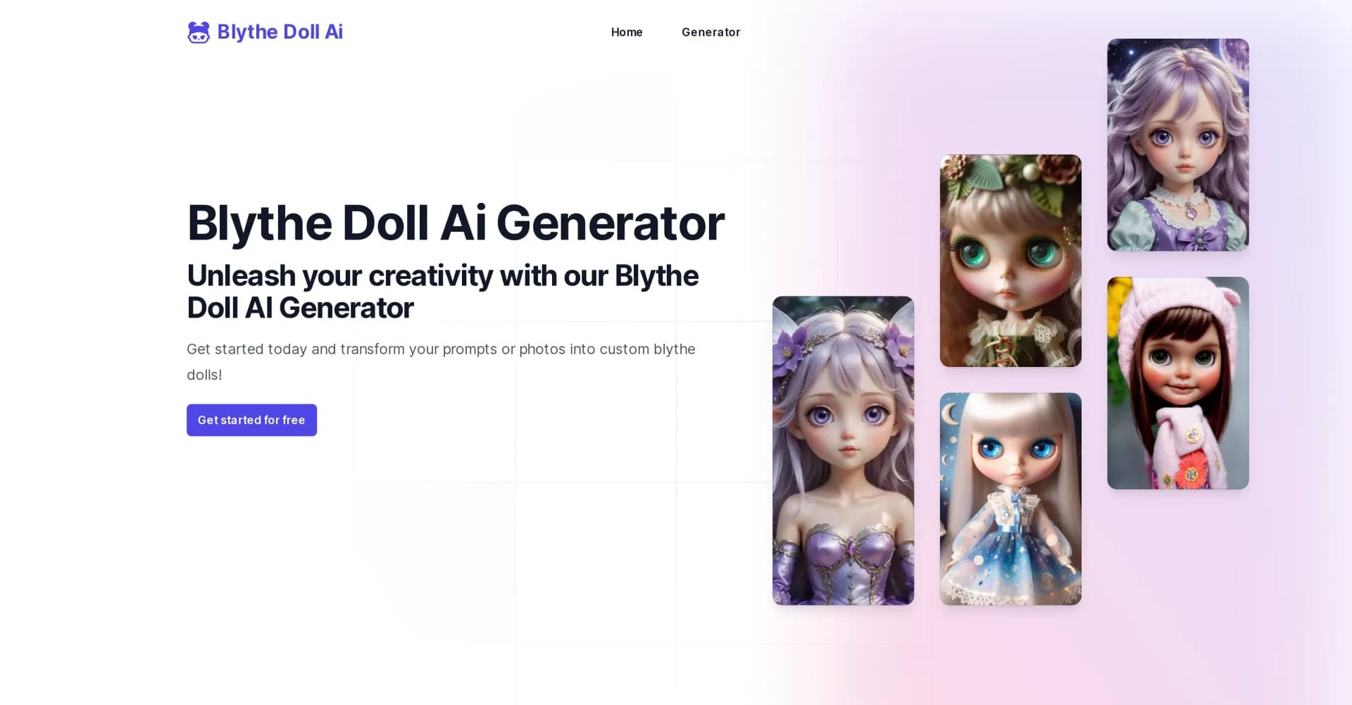 Blythe Doll AI Generator homepage screenshot — Design unique Blythe dolls with AI magic.