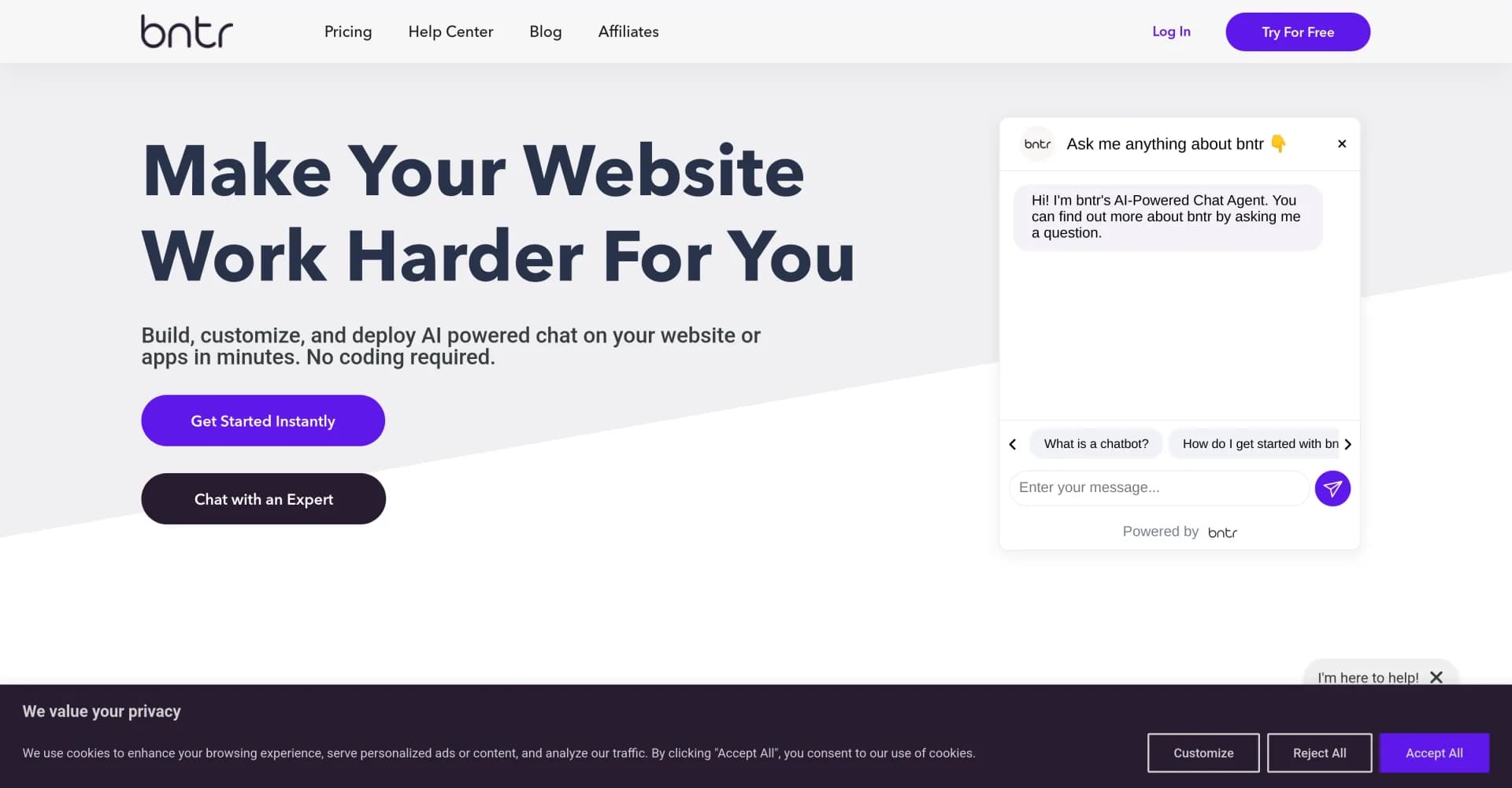 bntr - AI-Powered Virtual Agents homepage screenshot — AI-powered chatbots for 24/7 customer support.