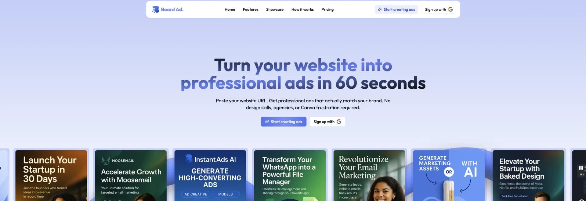 Board Ad homepage screenshot — Turn websites into professional ads in 60 seconds.