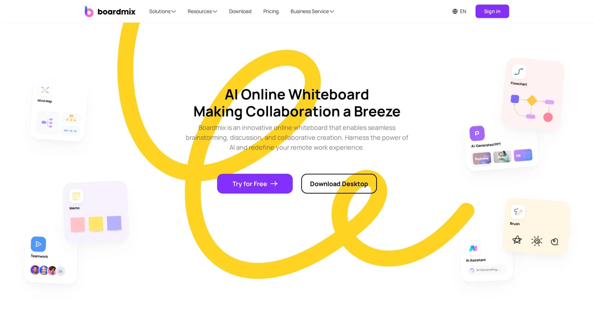 BoardMix homepage screenshot — Boost team efficiency with AI-powered collaborative whiteboa