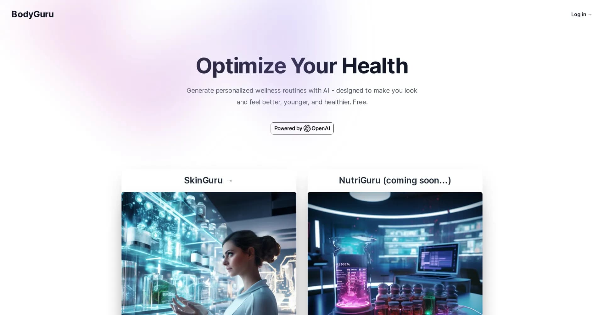BodyGuru homepage screenshot — AI-powered wellness routines for a healthier you.