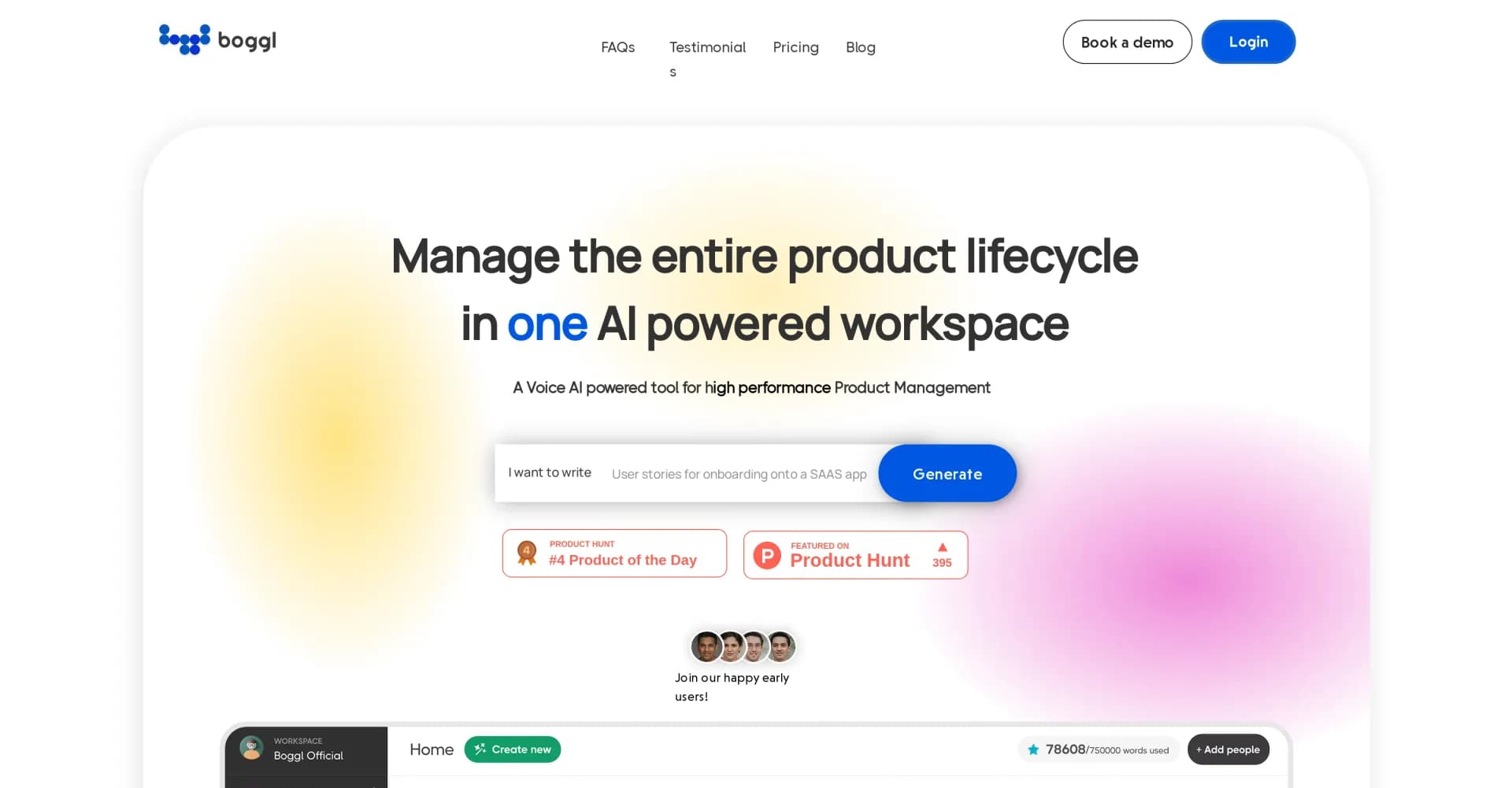 Boggl homepage screenshot — AI-powered workspace for product lifecycle management.