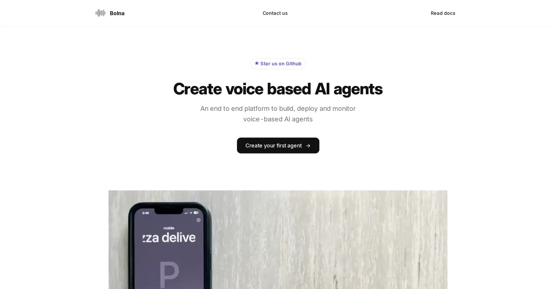 Bolna homepage screenshot — Create voice based AI agents in less than 5 minutes