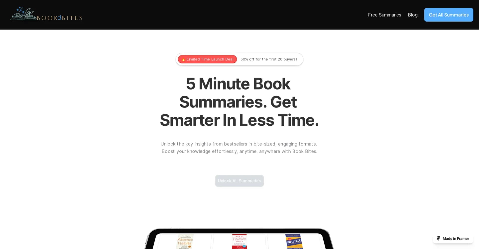 Book Bites homepage screenshot — Get smarter with AI book summaries in 5 minutes