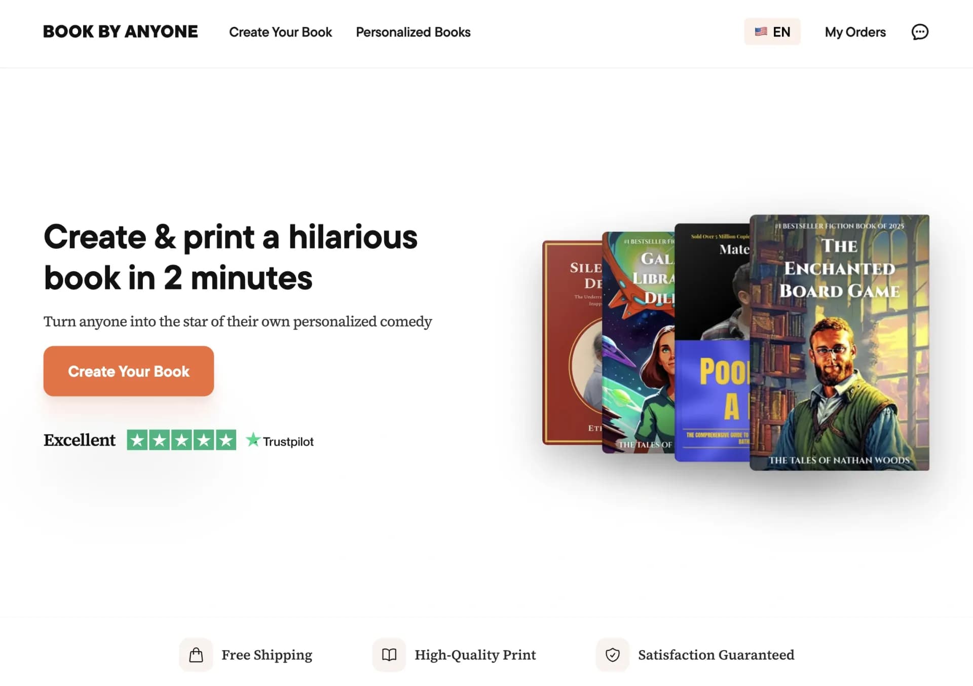 Book by Anyone homepage screenshot — Create hilarious personalized books in 2 minutes.