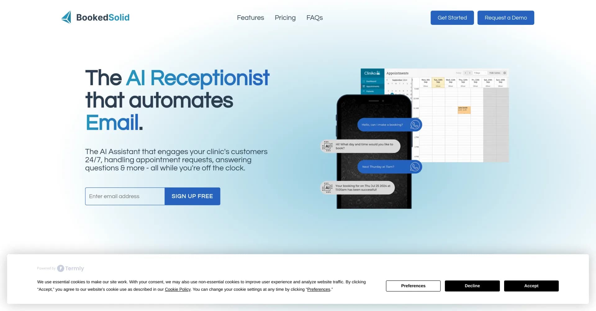 BookedSolid homepage screenshot — AI receptionist for seamless client communication and schedu