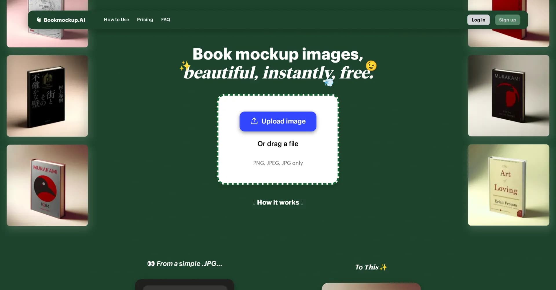 Bookmockup.AI homepage screenshot — Create stunning 3D book mockups instantly