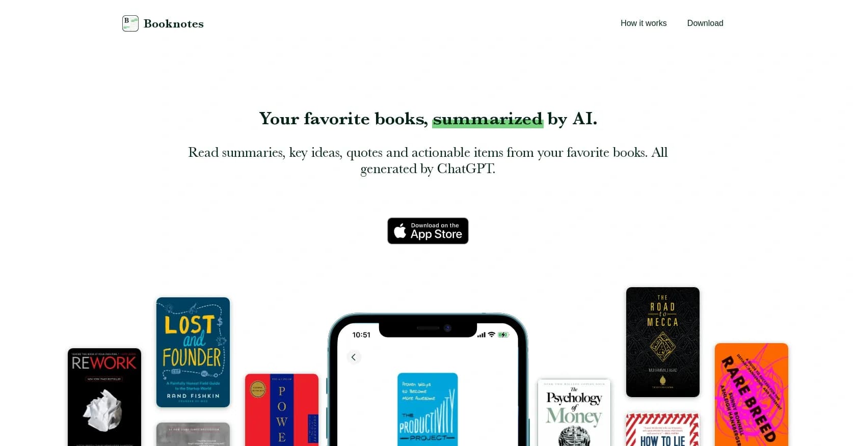 Booknotes homepage screenshot — AI-generated book summaries at your fingertips.