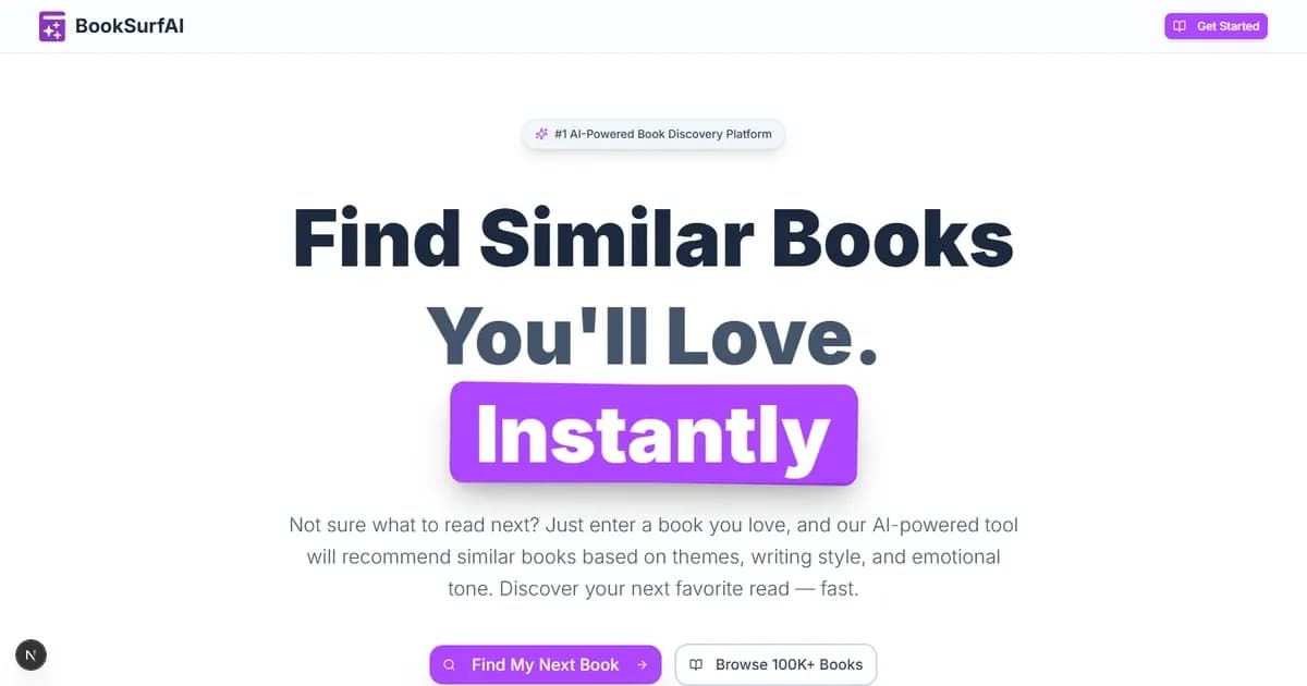 BookSurfAI homepage screenshot — Smart AI, Brilliant Books | AI-Powered Book Recommendations