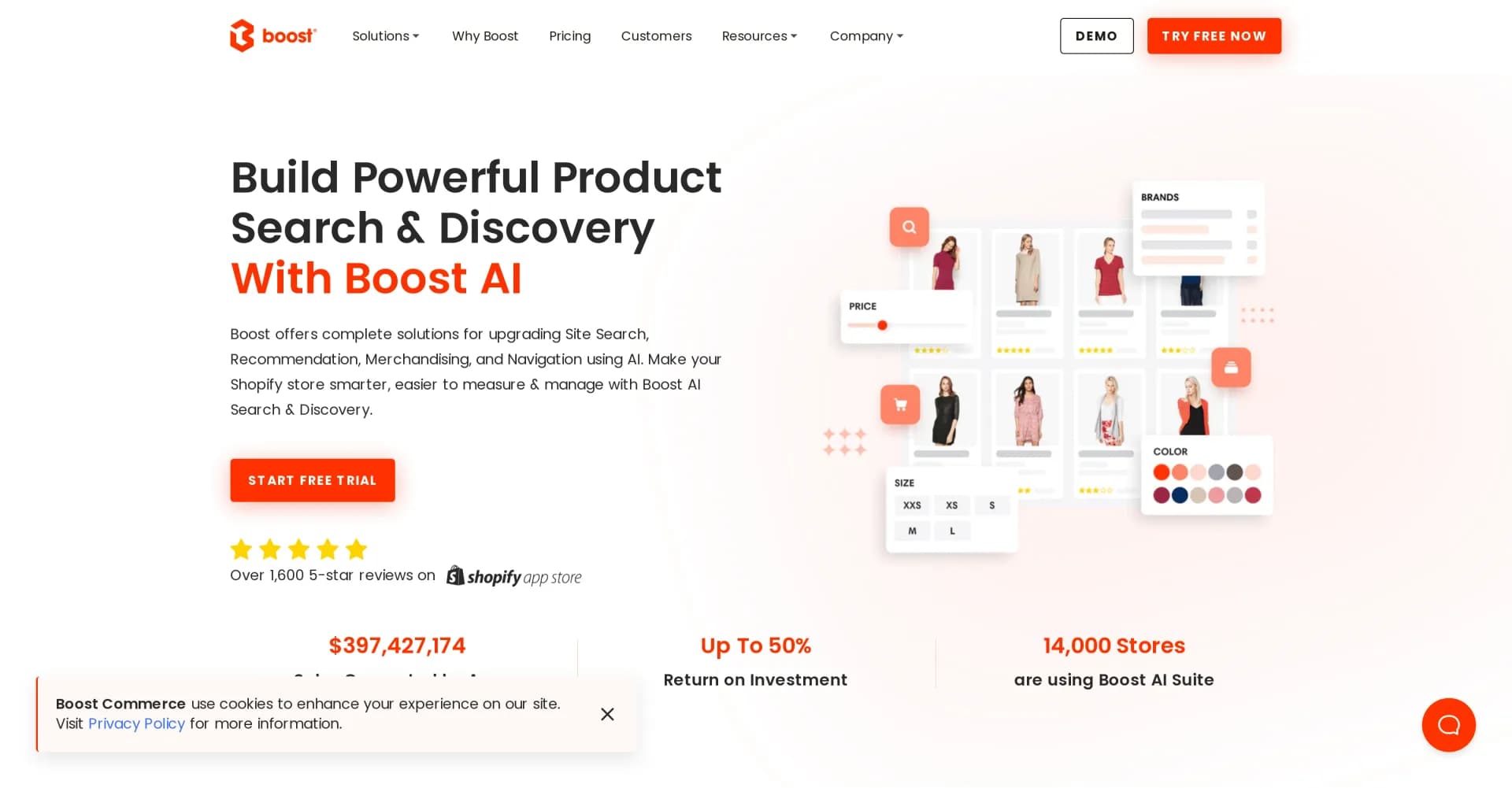 Boost Commerce homepage screenshot — Supercharge Shopify search with AI-powered discovery.