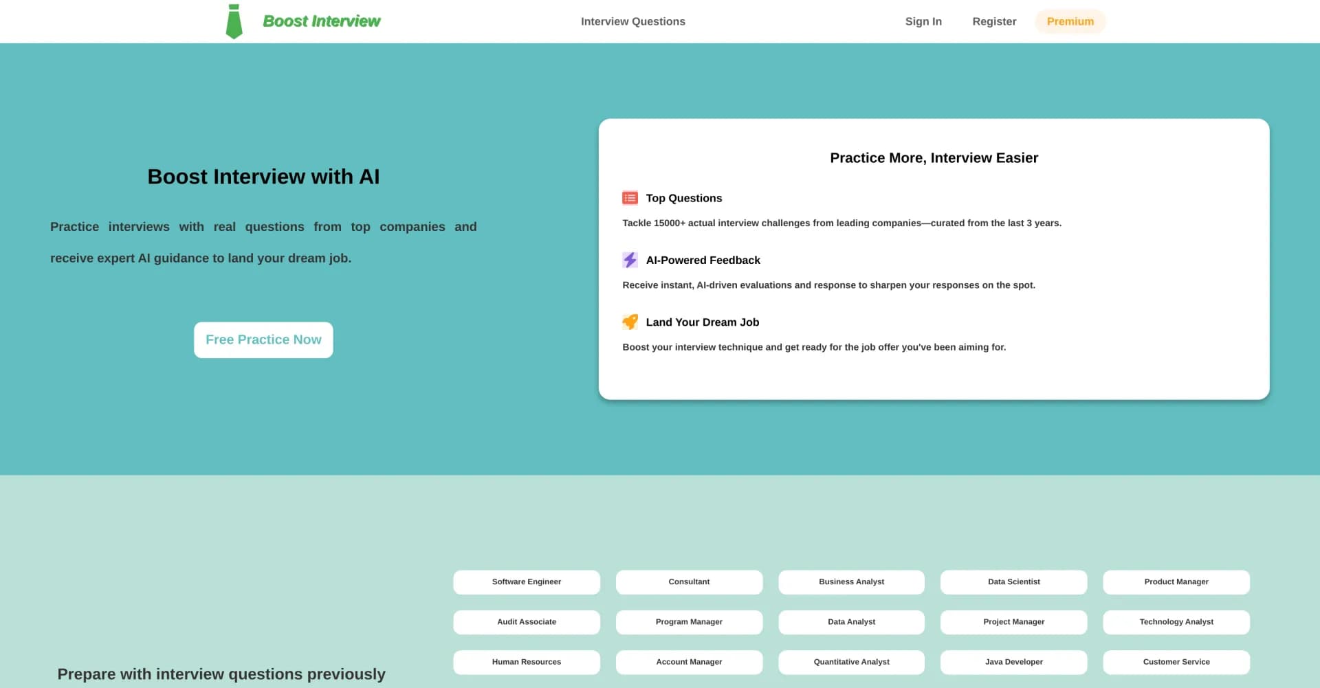 Boost Interview homepage screenshot — AI-driven interview prep for top company jobs.