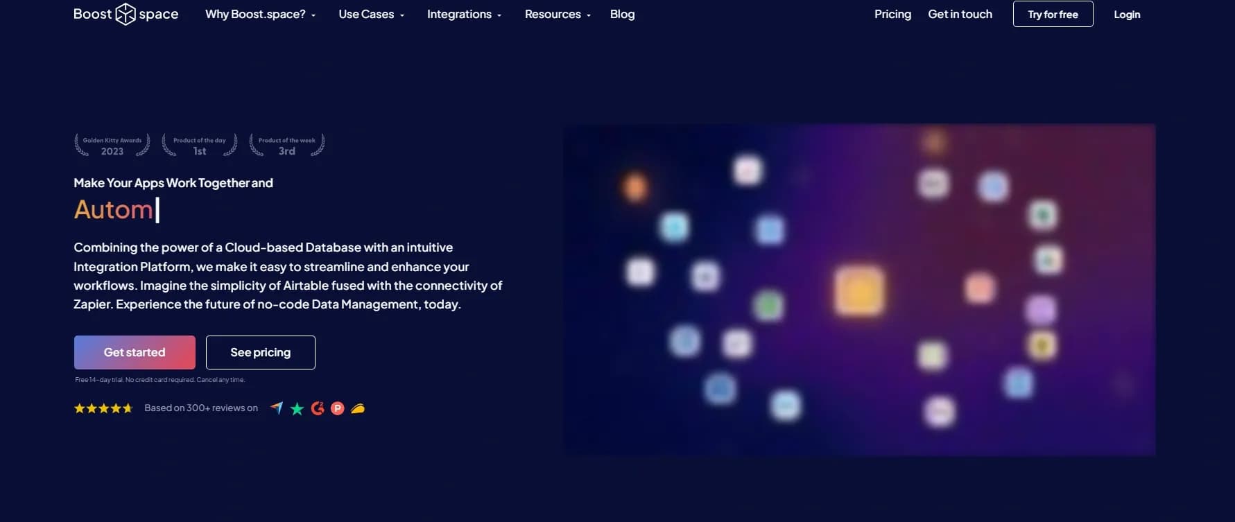 Boost.space homepage screenshot — Connect apps, consolidate data, sync seamlessly.