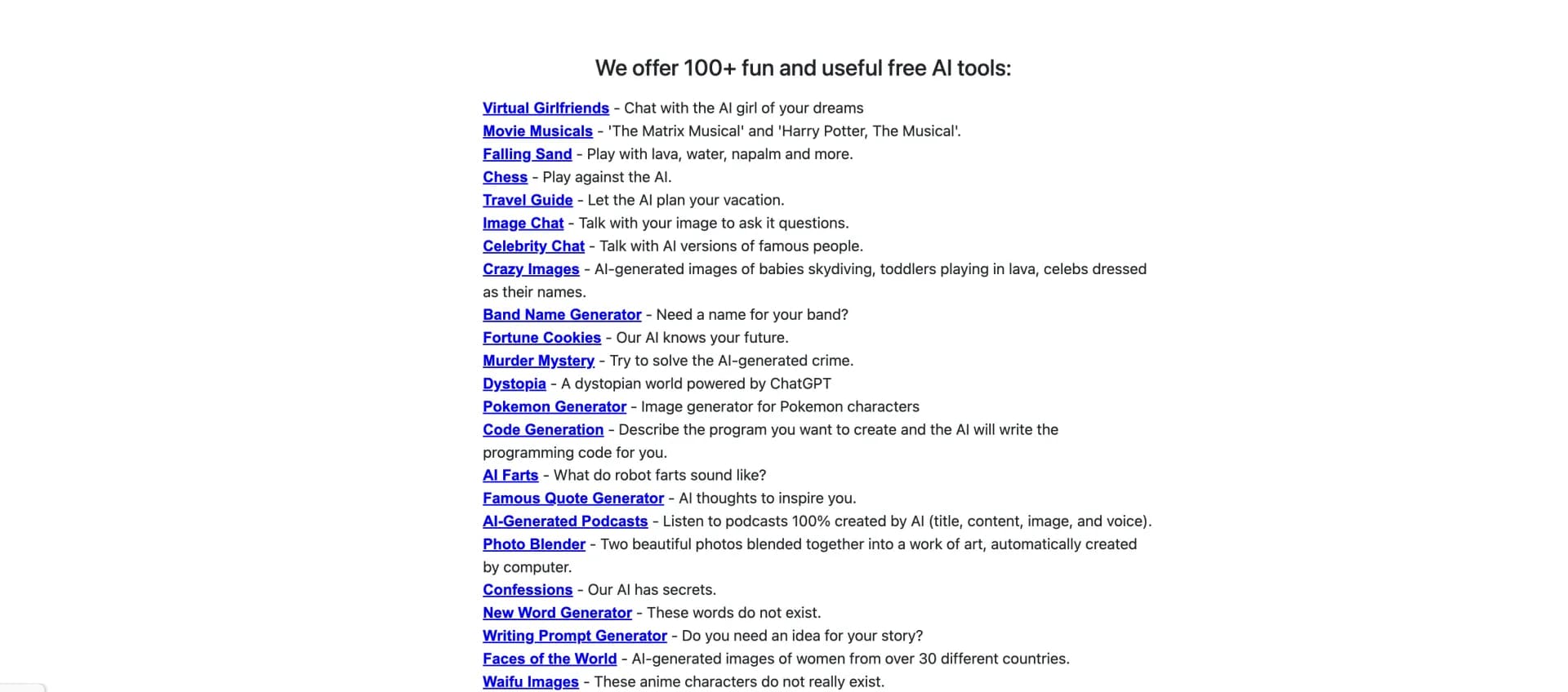Boredhumans homepage screenshot — 100+ fun and useful free AI tools