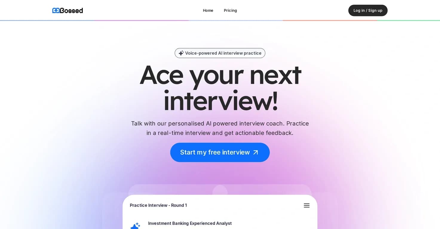 Bossed homepage screenshot — AI-powered voice interviews to ace your next job.
