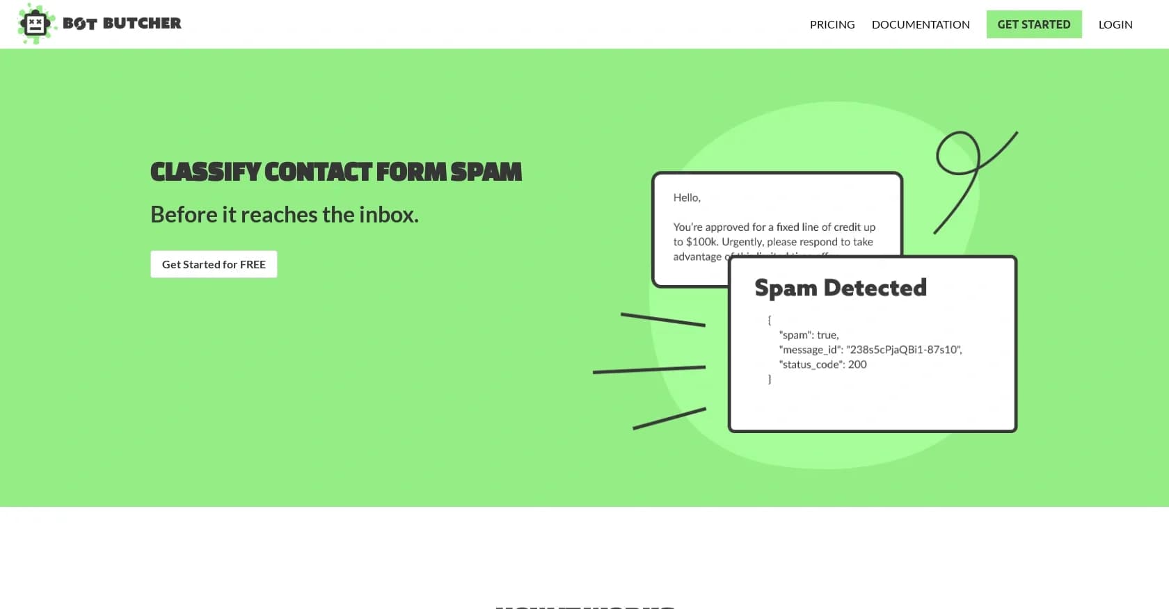 Bot Butcher homepage screenshot — Classify contact form spam before it reaches your inbox.