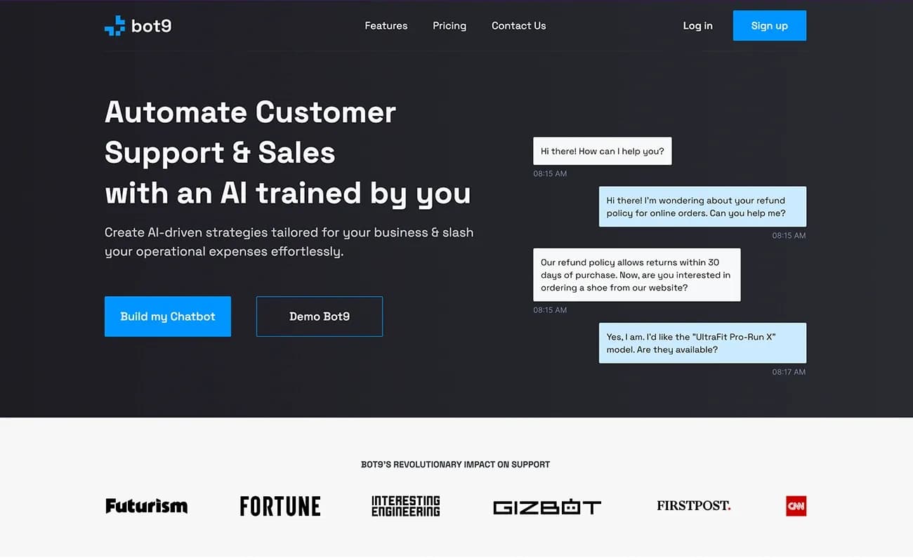 Bot9 AI homepage screenshot — Automate customer support & sales with AI powered chatbots