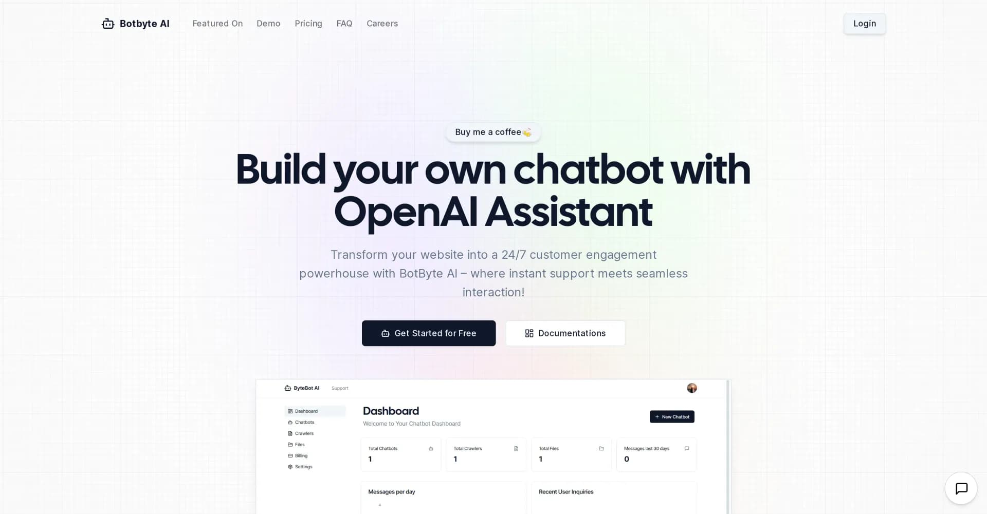 BotByte homepage screenshot — Transform your website into a 24/7 customer engagement power