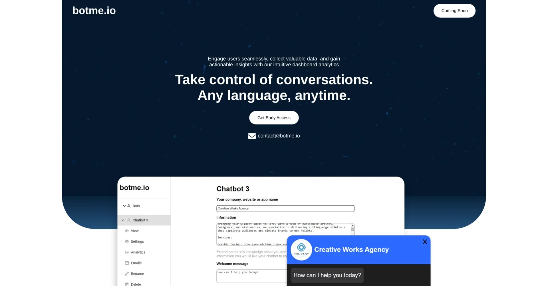 Botme homepage screenshot — Build custom AI chatbots for your website