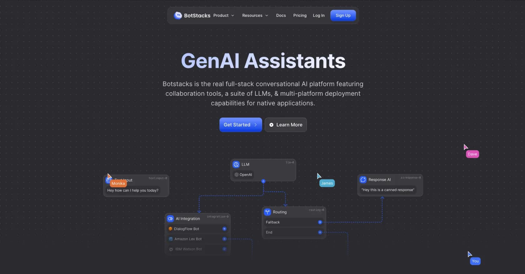 BotStacks homepage screenshot — Design, build, and deploy AI assistants seamlessly.