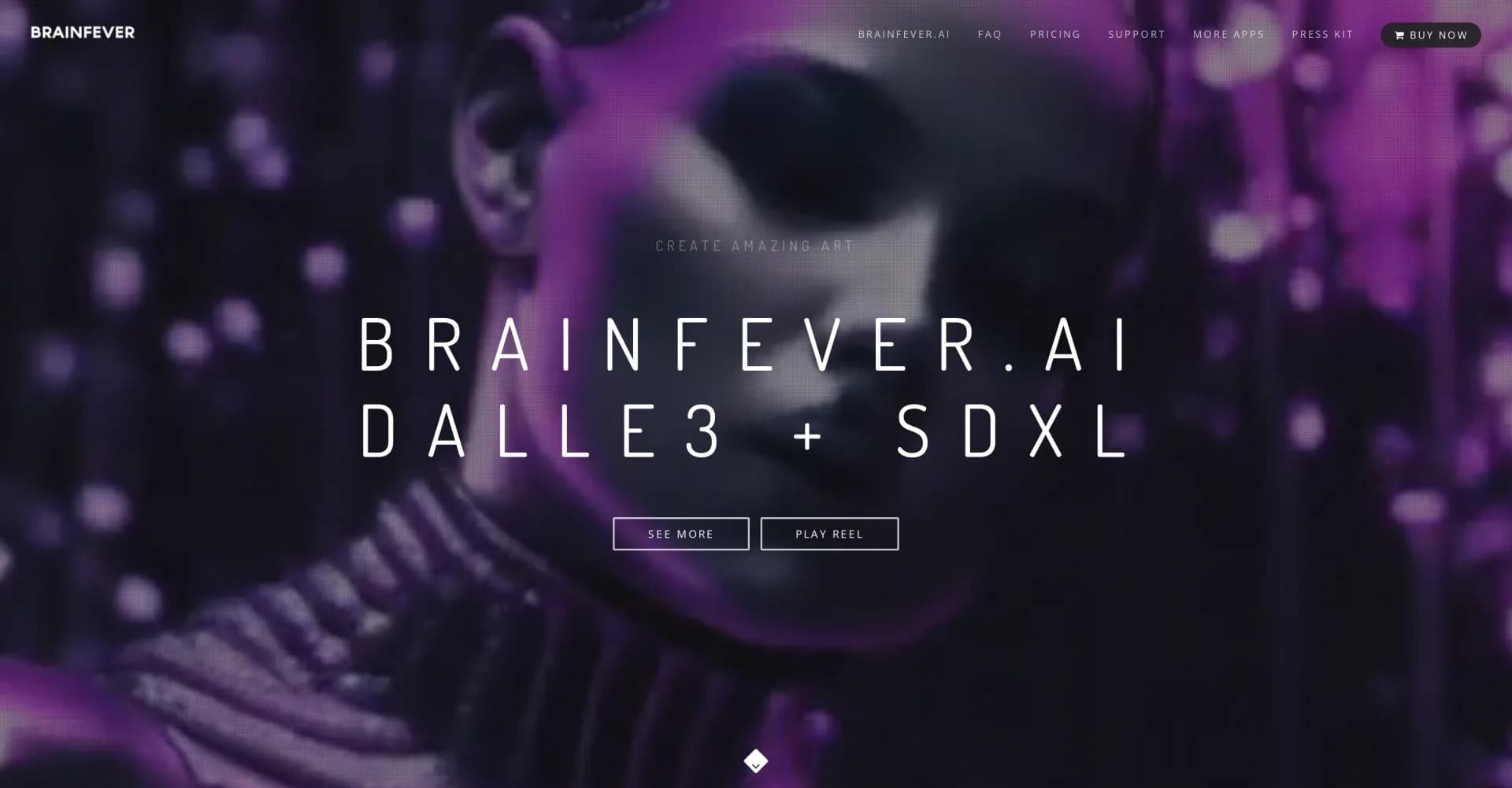 BrainFever homepage screenshot — Turn text prompts into stunning visuals.