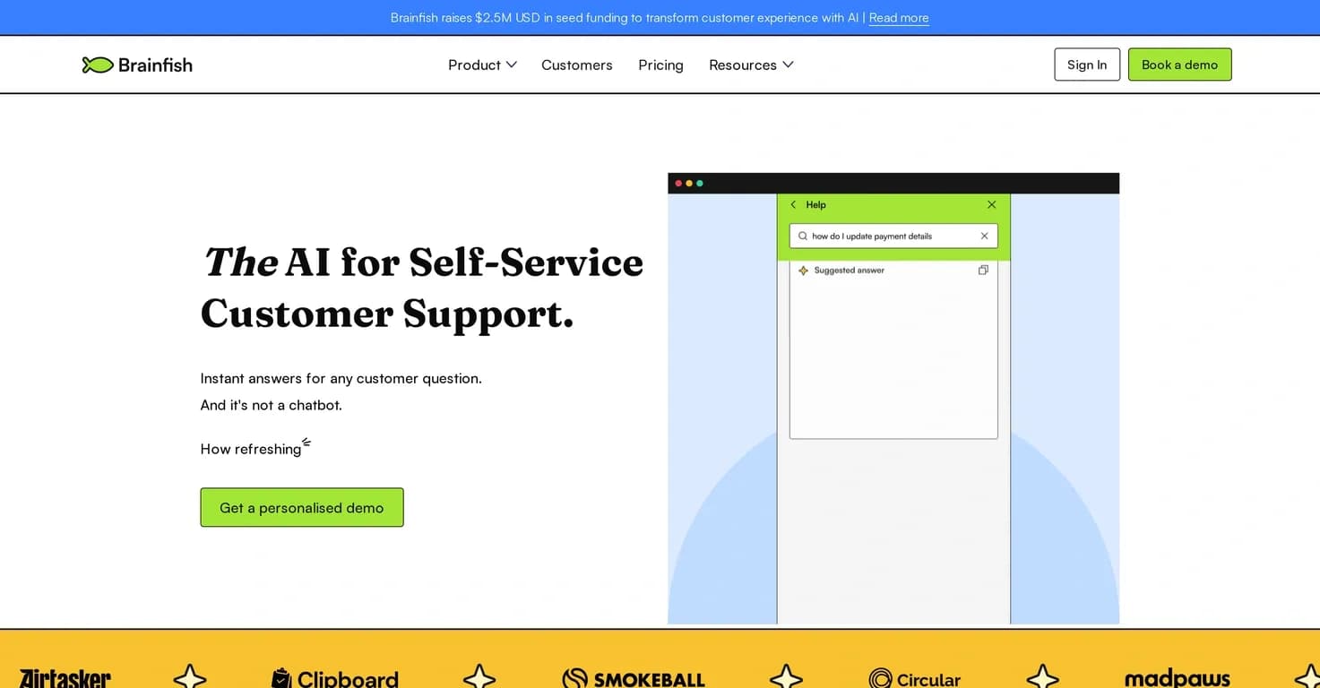 Brainfish homepage screenshot — AI-powered help center answers any customer question instant