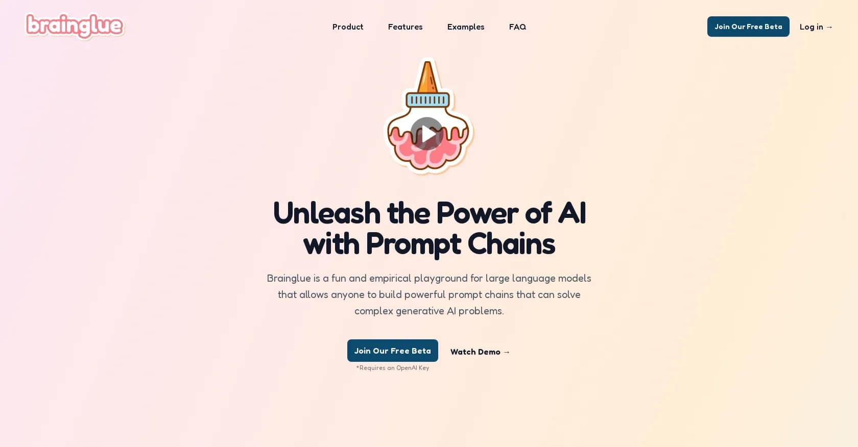 Brainglue homepage screenshot — Experimented with prompt chains for solutions.