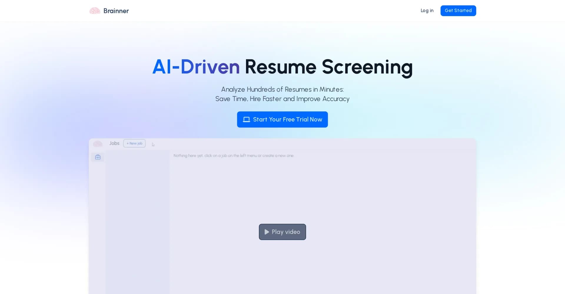 Brainner homepage screenshot — AI-powered resume screening to save time and hire faster.