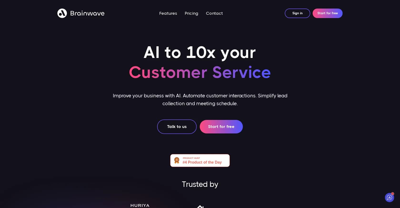 Brainwave homepage screenshot — AI to 10x your customer service