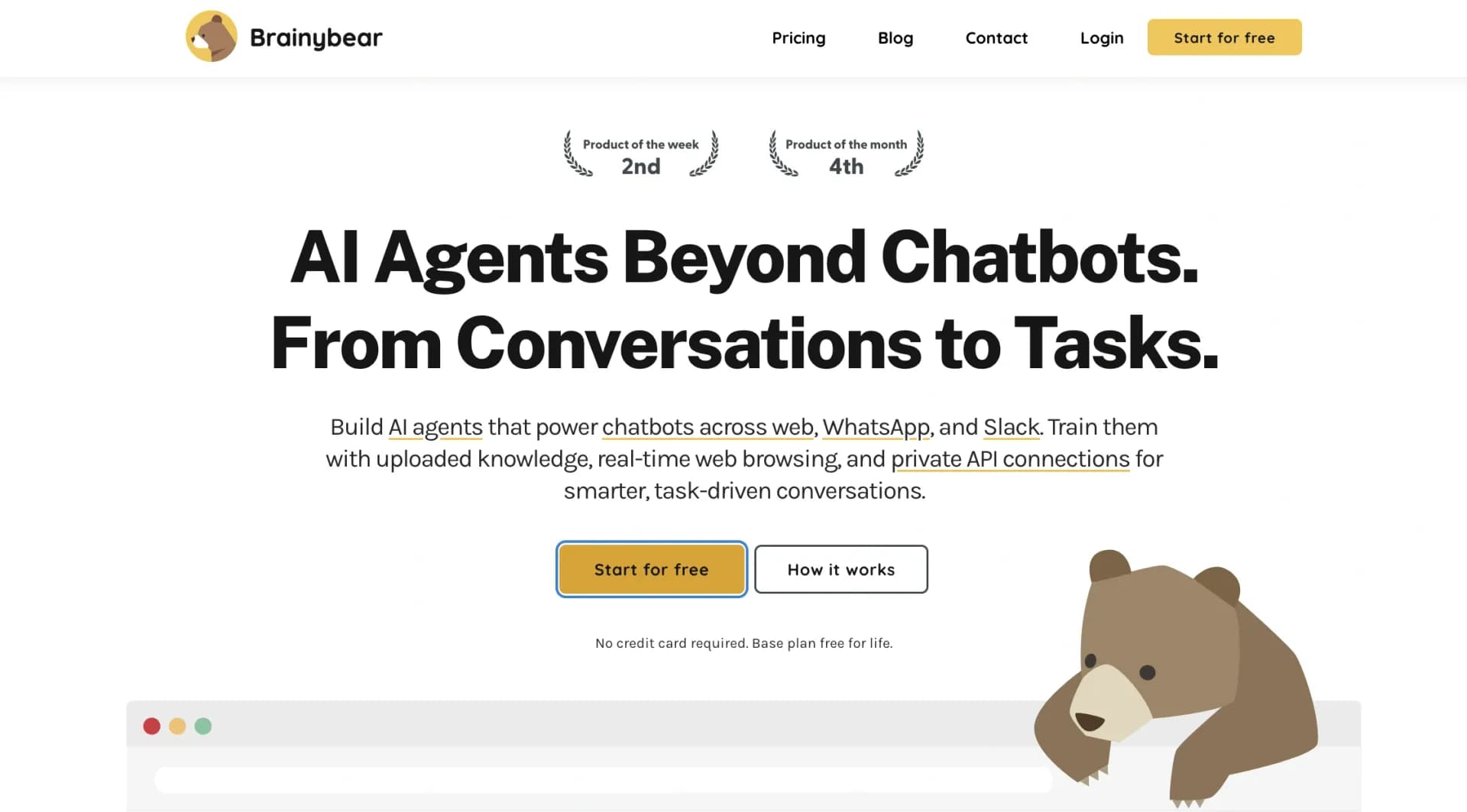 BrainyBearv2.0 homepage screenshot — No-code AI Agents Beyond Chatbots. From Conversations to Tas