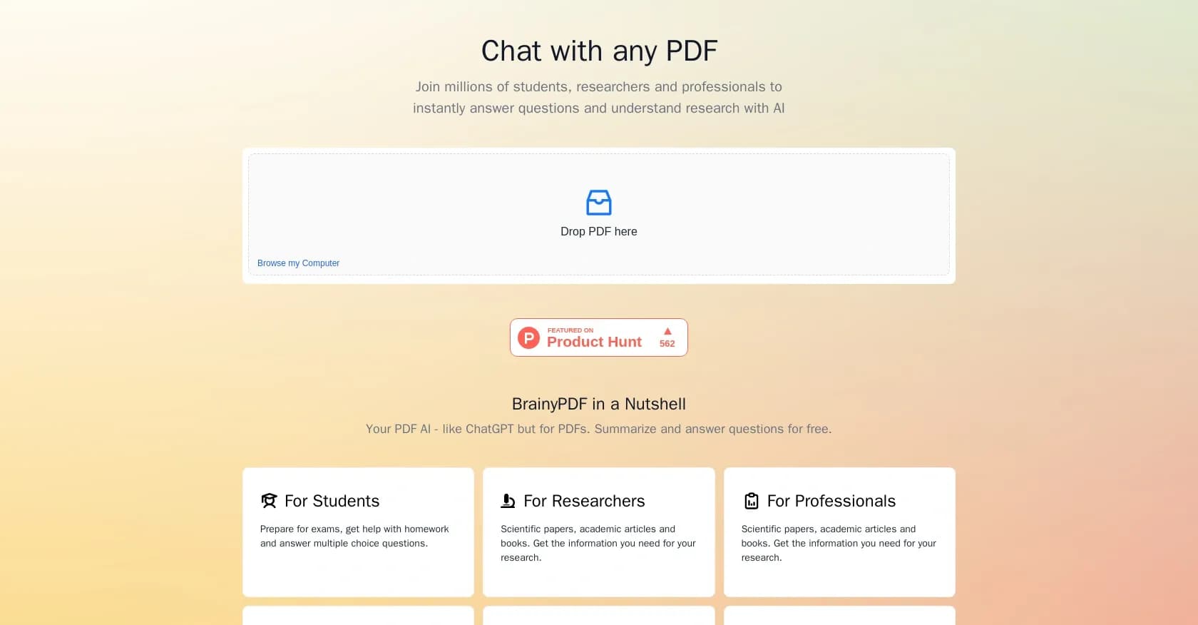 BrainyPdf homepage screenshot — Your AI-powered knowledge hub for PDFs.