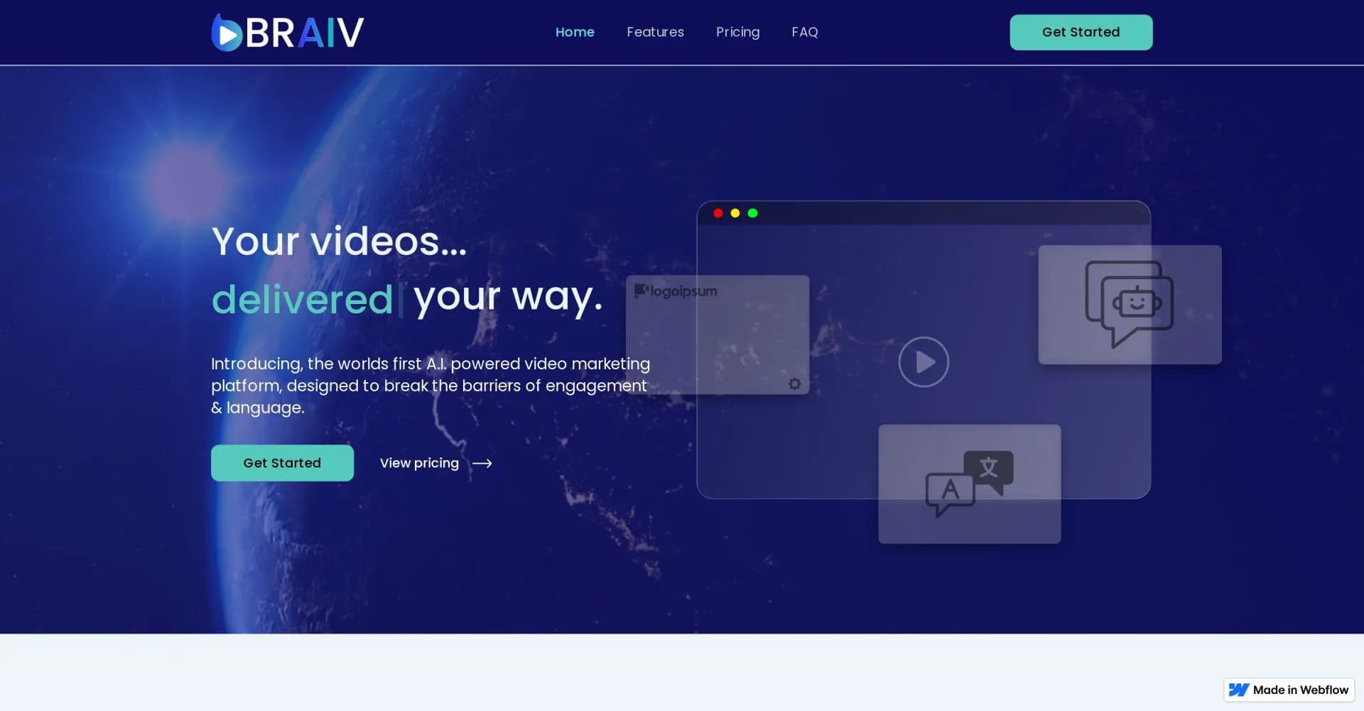 Braiv homepage screenshot — Your videos, your voice...any language
