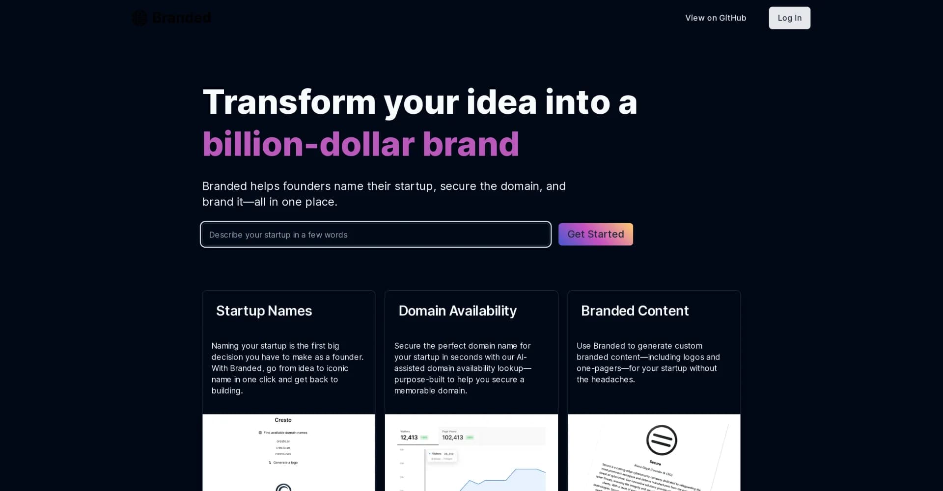 Branded homepage screenshot — Transform your idea into a billion-dollar brand