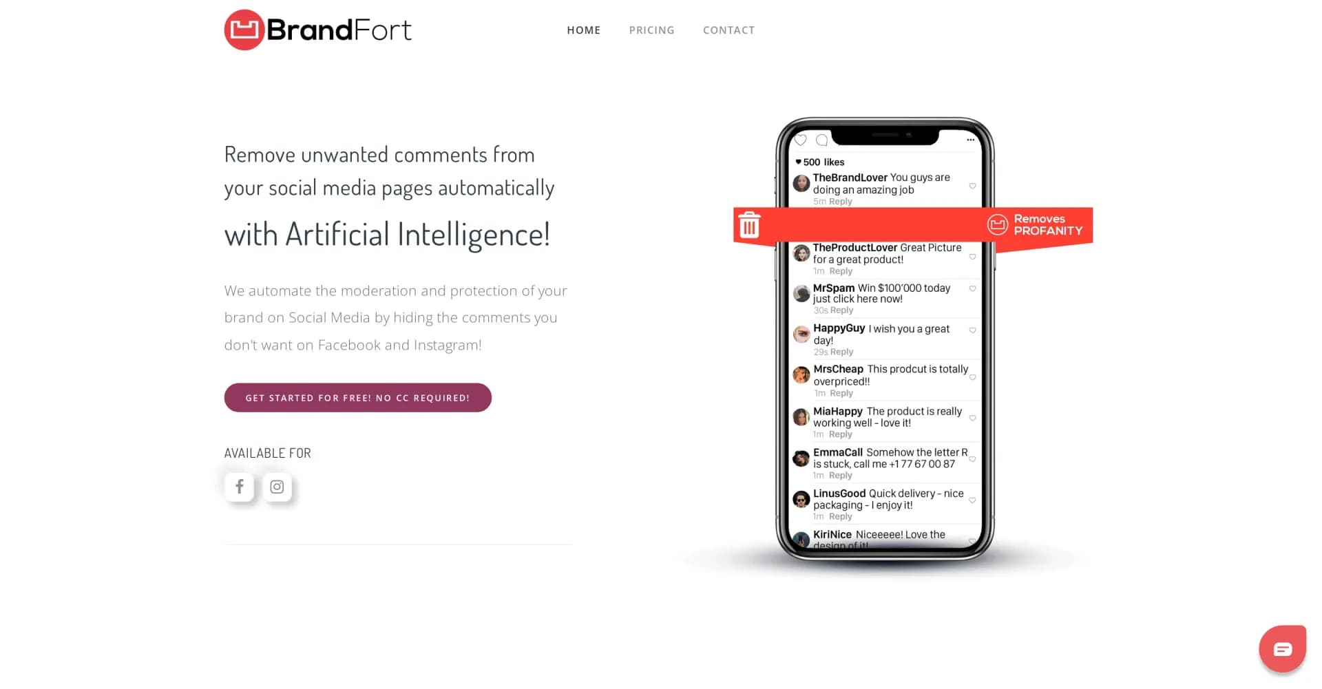 Brandfort homepage screenshot — AI-powered social media comment moderation
