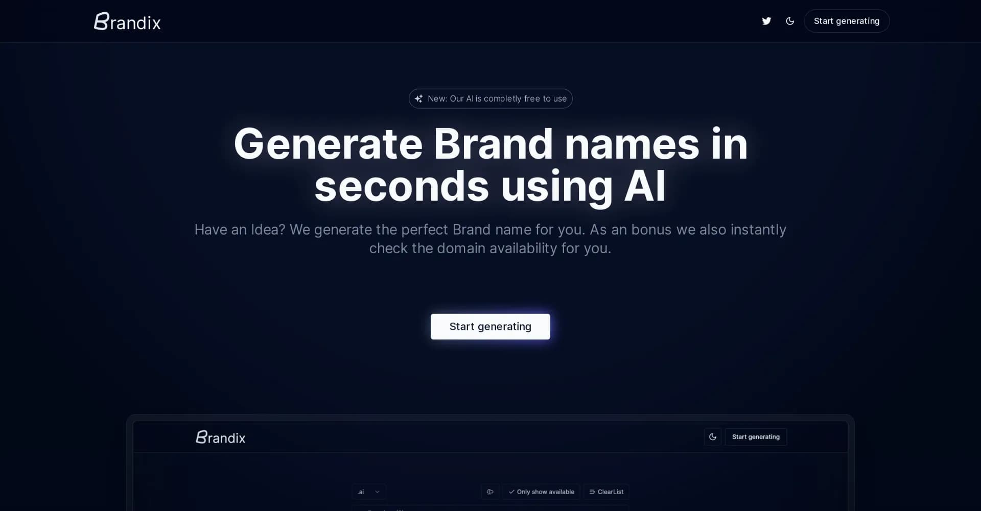 Brandix homepage screenshot — AI-powered brand name generator with instant domain check.