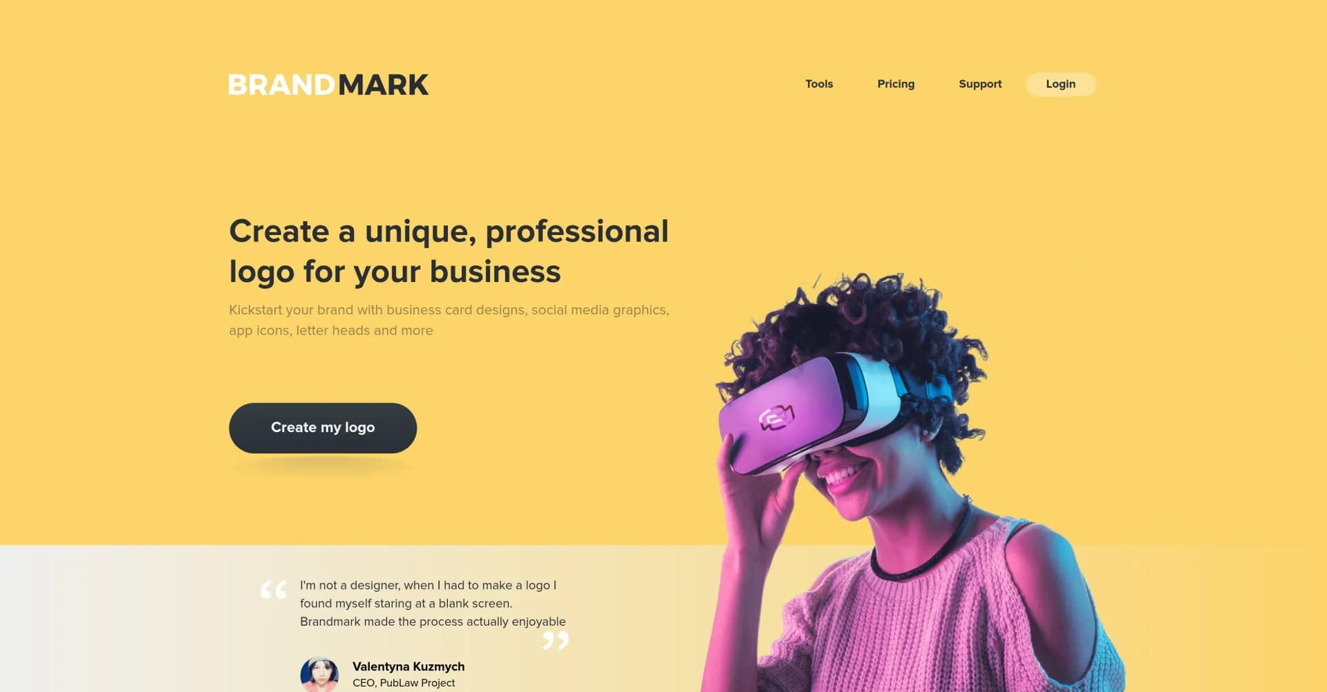 Brandmark homepage screenshot — Create professional logos with advanced AI in minutes.