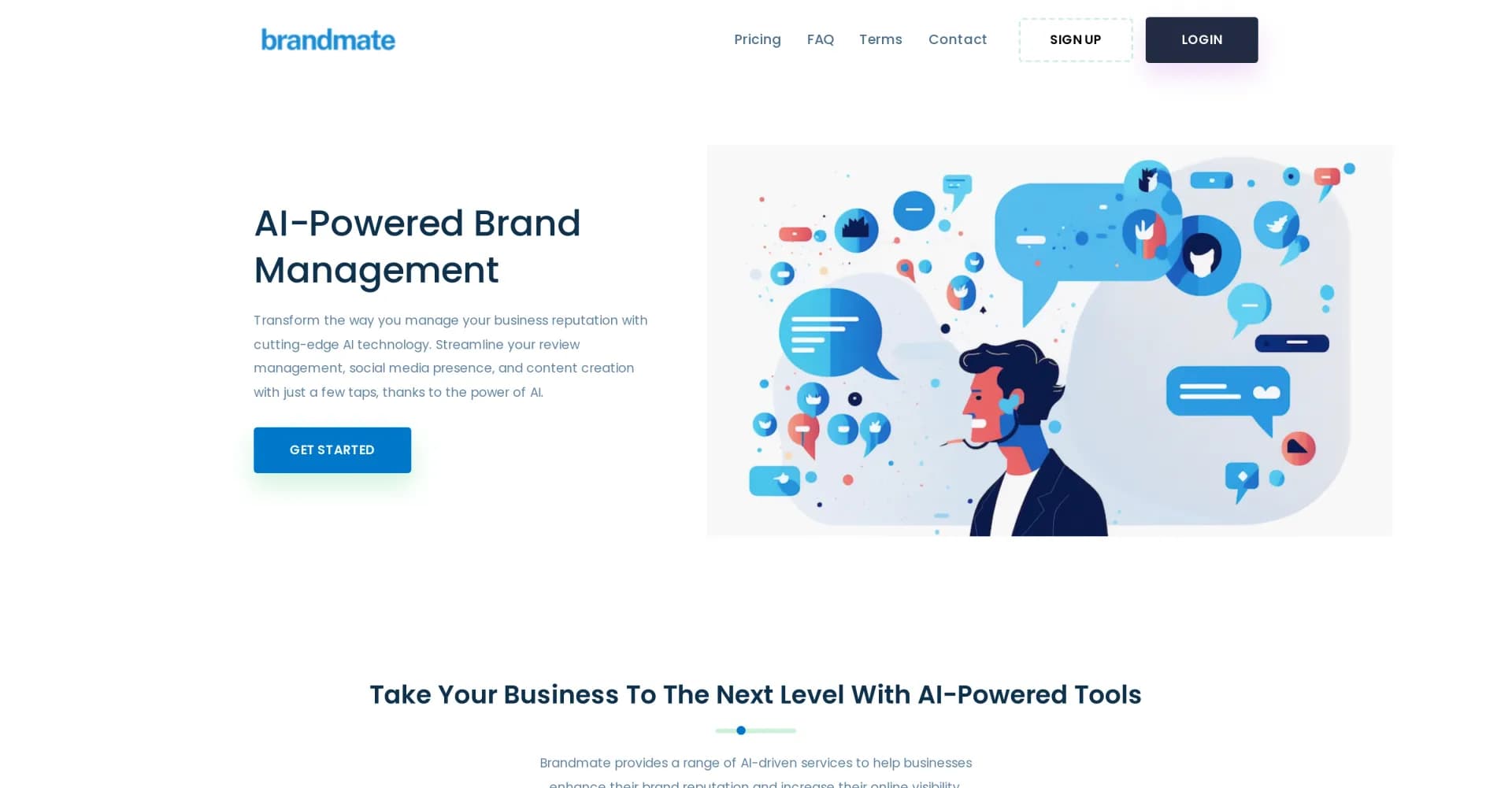 Brandmate AI homepage screenshot — AI-powered brand management to transform your reputation.
