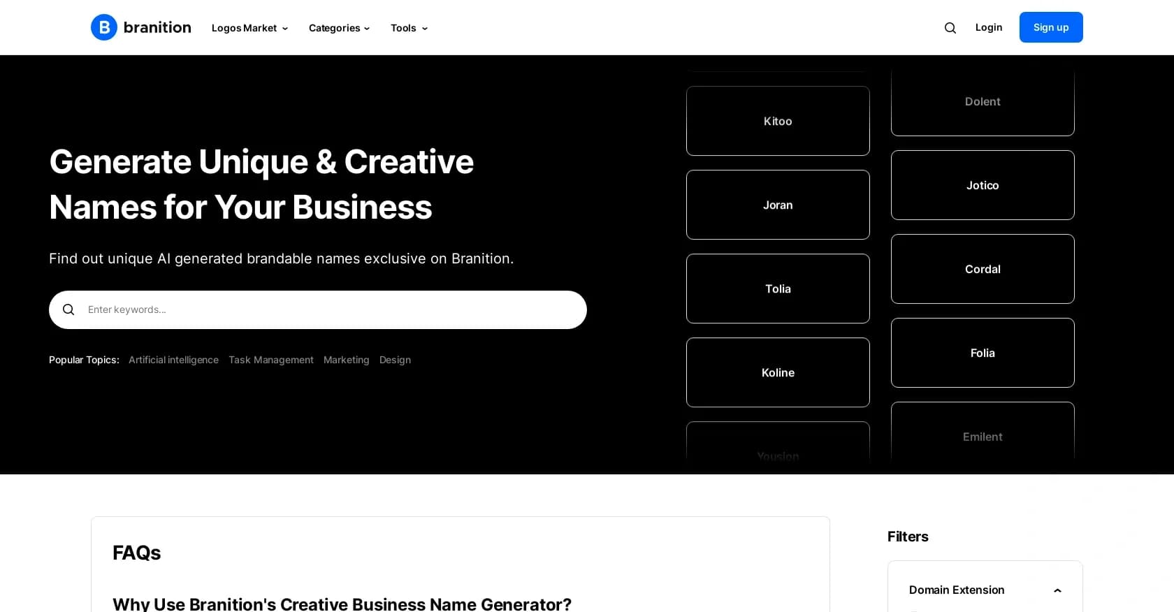 Branition homepage screenshot — Generate unique business names with instant domain checks.